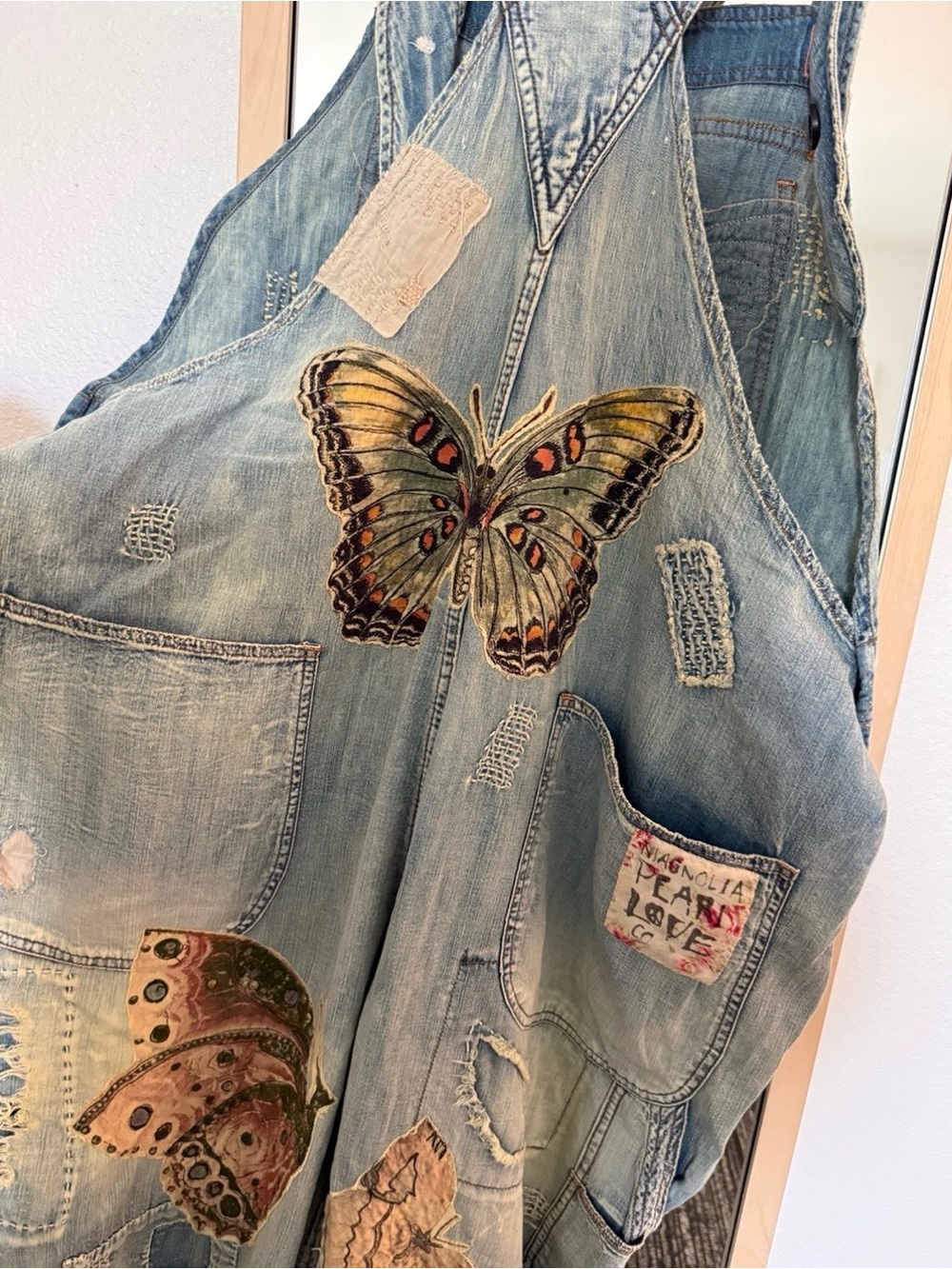 Magnolia Pearl Cotton Denim Appliqué Butterfly Overalls - Picture 6 of 14